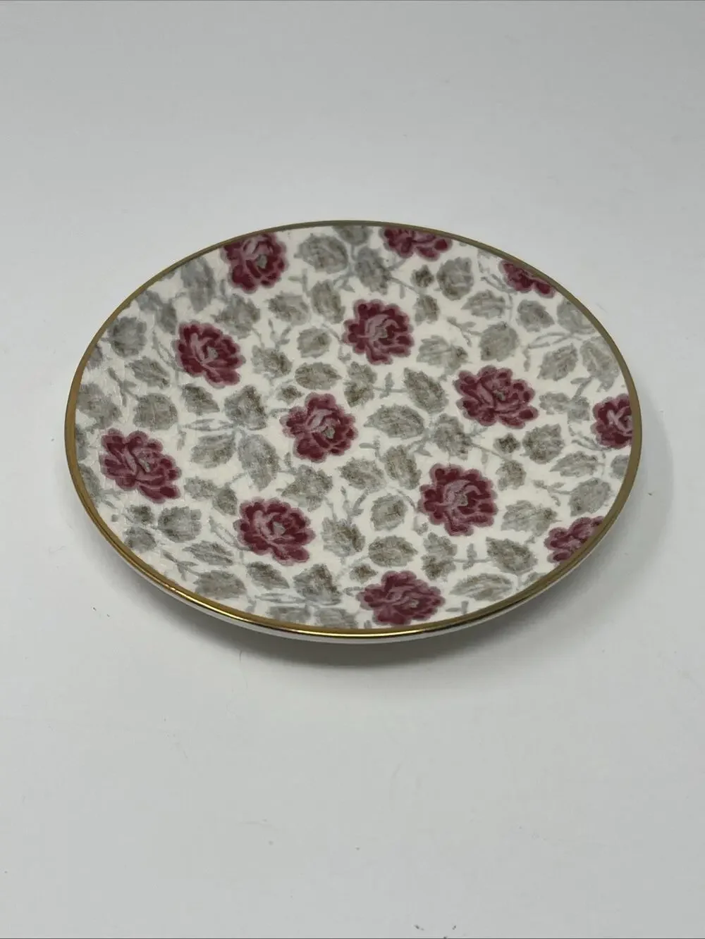 Pottery Barn Trinket Tray Pink Floral Romantic Vanity Dish Gold Trim New